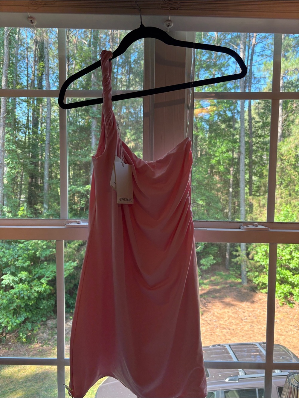 Peppermayo Blush Pink One-Shoulder Twist-Drape Dress